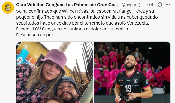 El Guaguas confirma la muerte del jugador venezolano Rivas y su familia